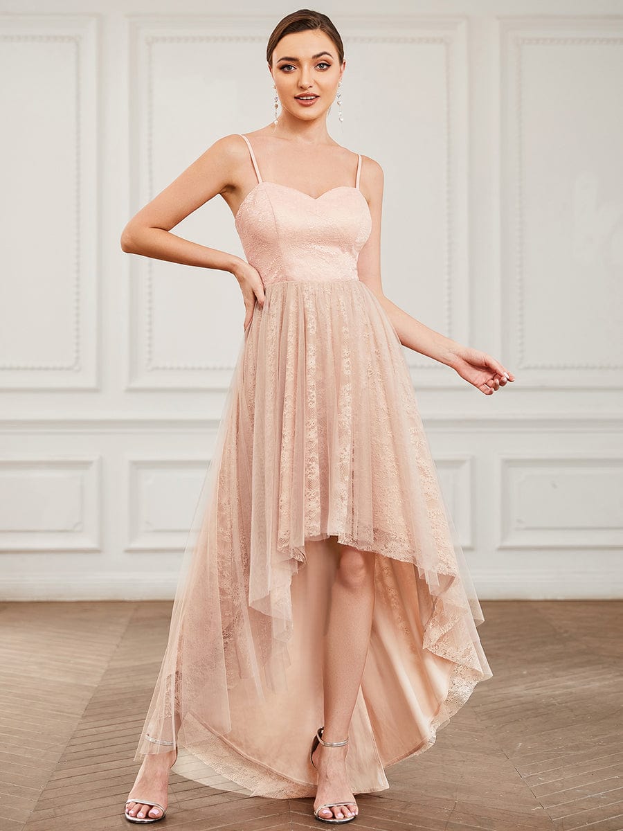 Model wearing a burgundy Weitese A-Line high-low bridesmaid dress with lace and tulle, front view.