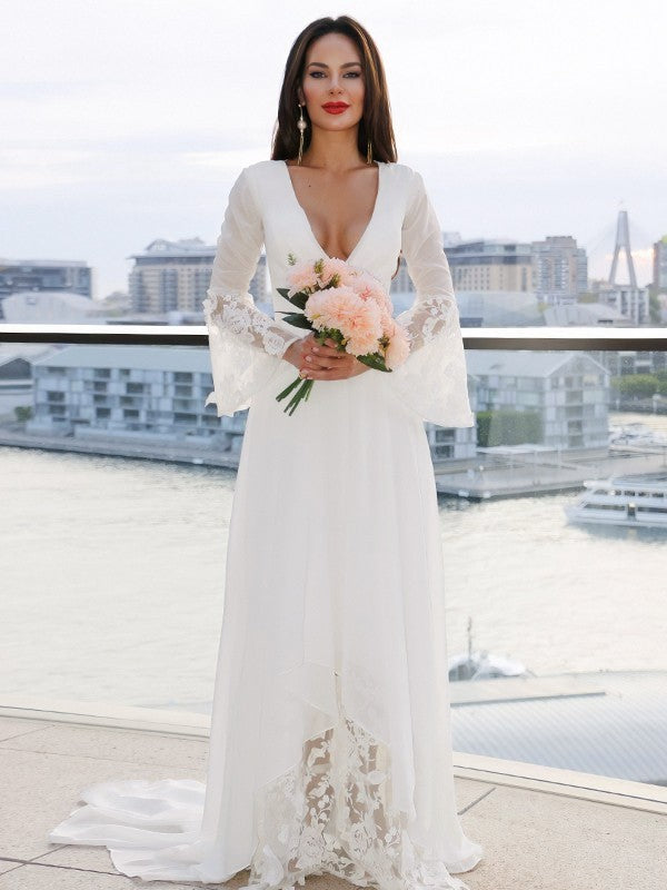 Close-up of the lace detail and V-neckline on the Weitese A-Line wedding dress.