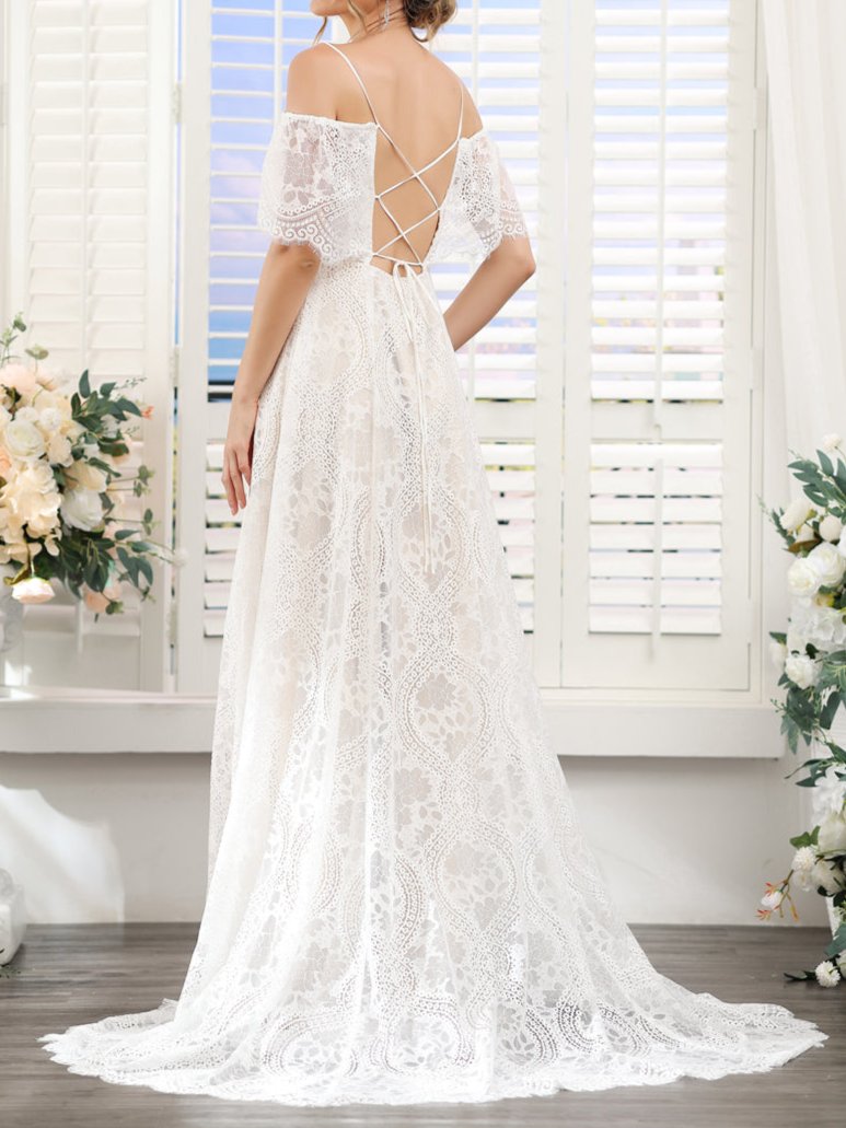 Back view of the A-line lace wedding dress, highlighting delicate lace details.