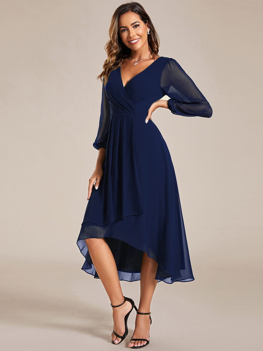 Back view of a model wearing a navy Weitese A-line dress.