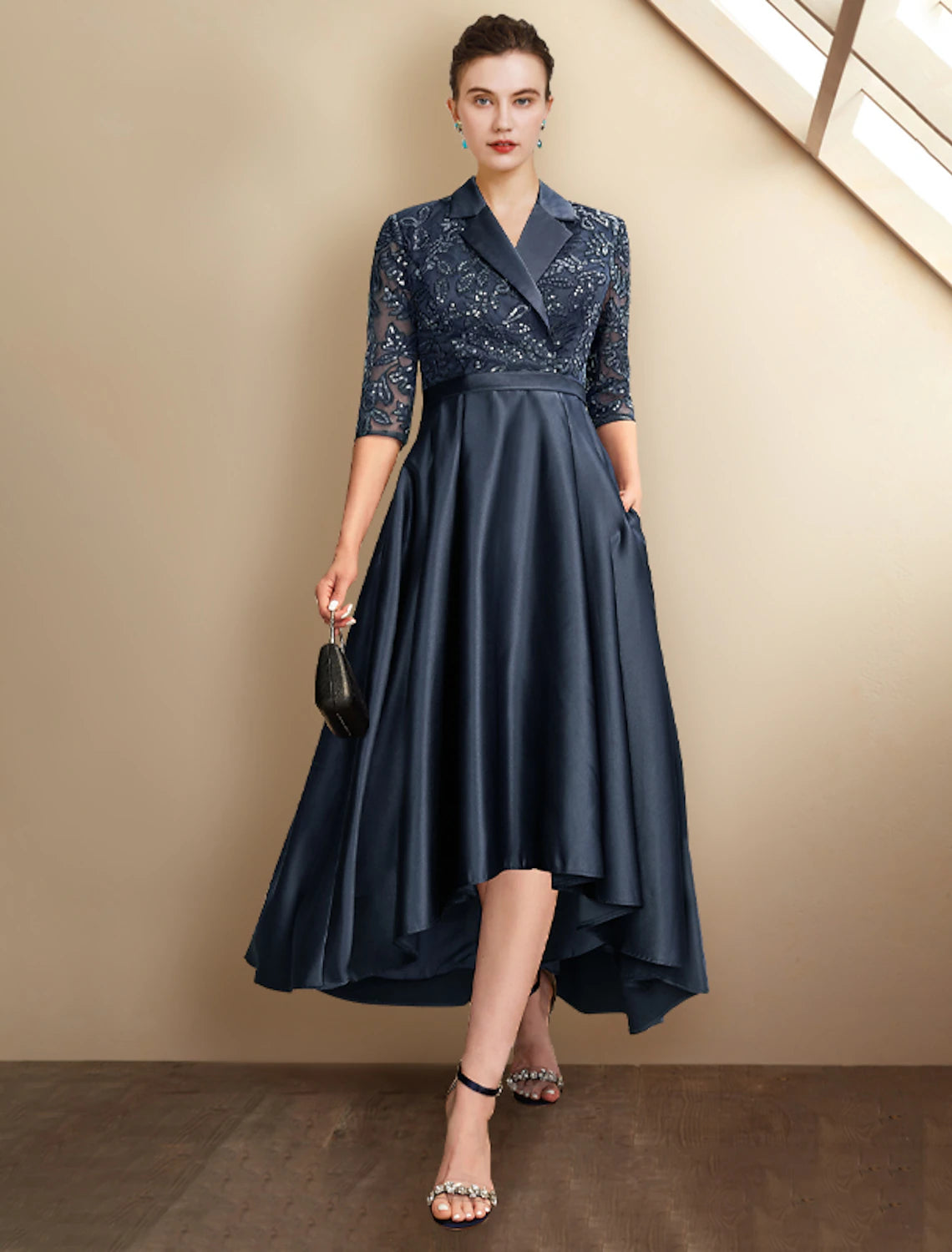 Elegant A-Line Mother of the Bride dress with shirt collar and half sleeves, front view.