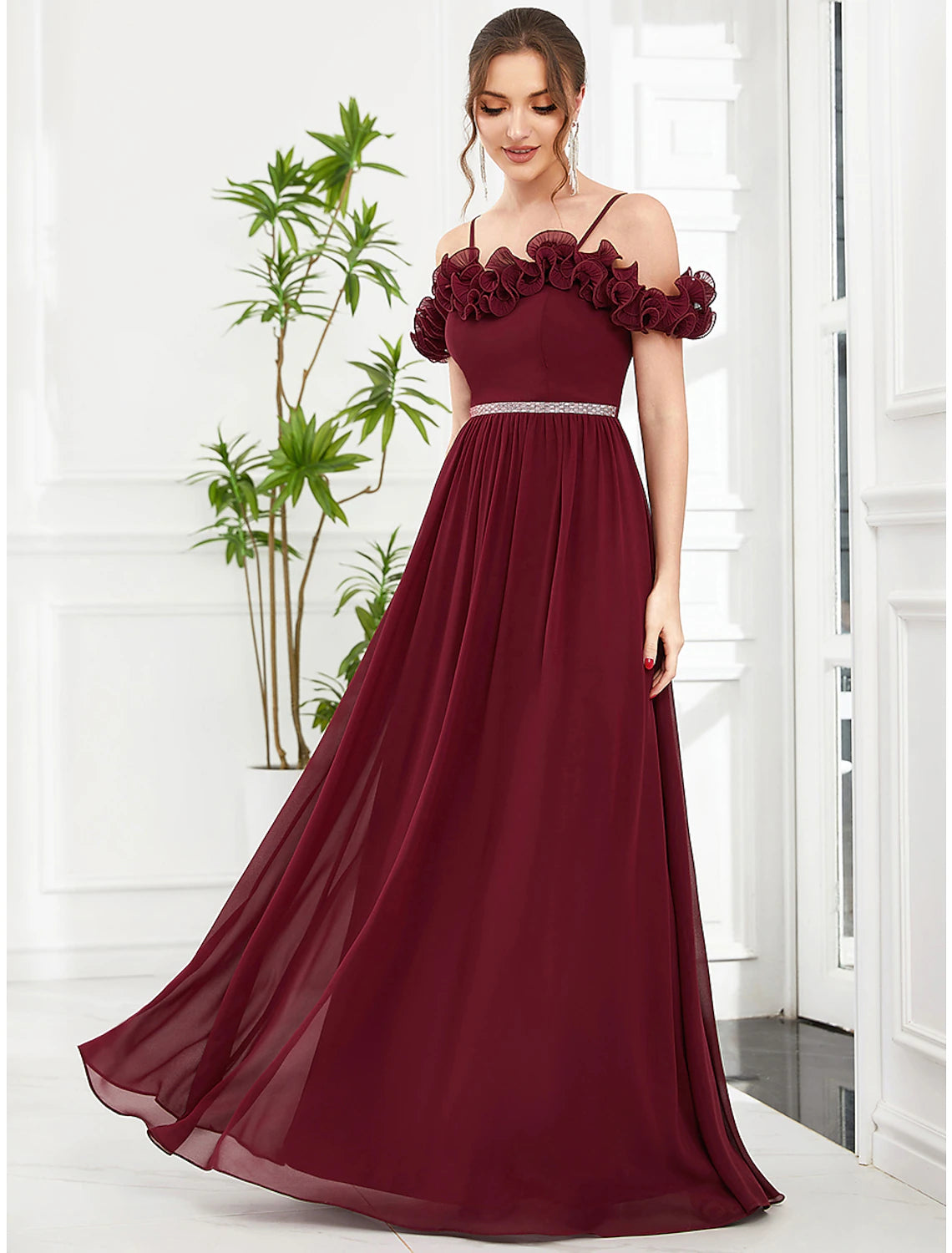 Weitese A-Line off-shoulder chiffon prom dress with intricate appliques.