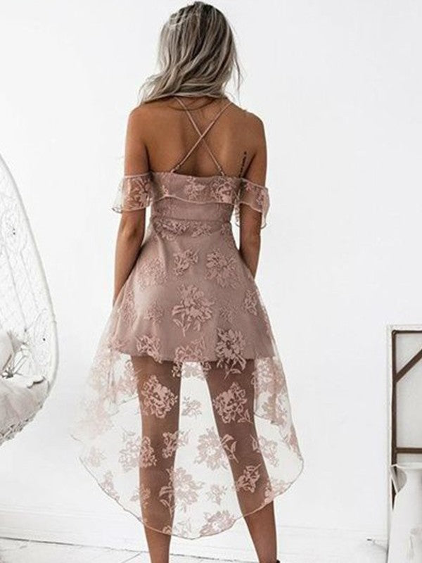 Elegant white lace mini dress with off-shoulder design.