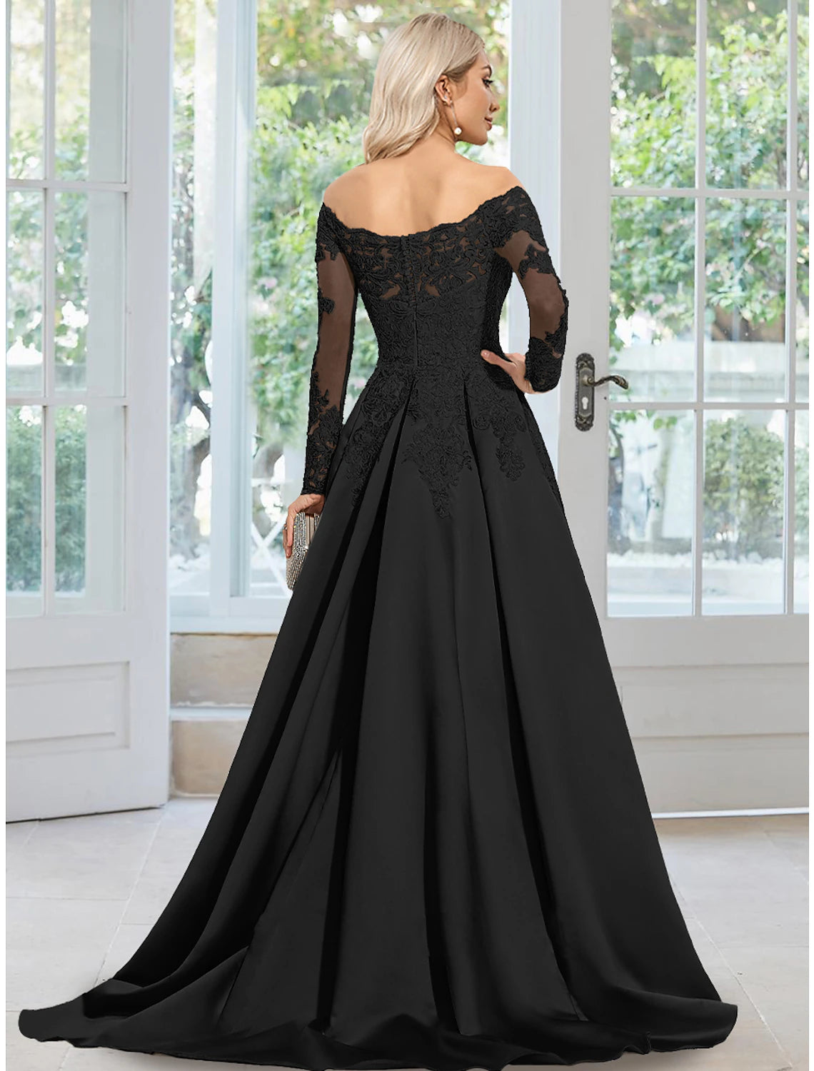 Back view of the A-line off-shoulder long sleeve satin evening gown, showing the court train and appliques.