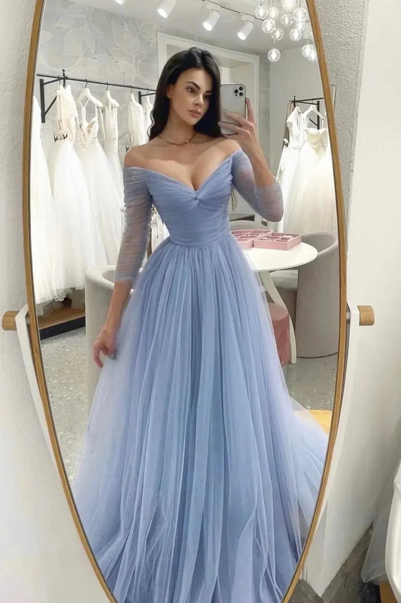 Elegant A-Line Off Shoulder Long Sleeve Tulle Maxi Prom Dress