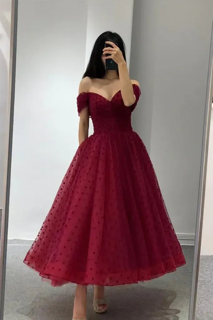 Elegant A-Line Off Shoulder Polka Dot Tulle Midi Prom Dress