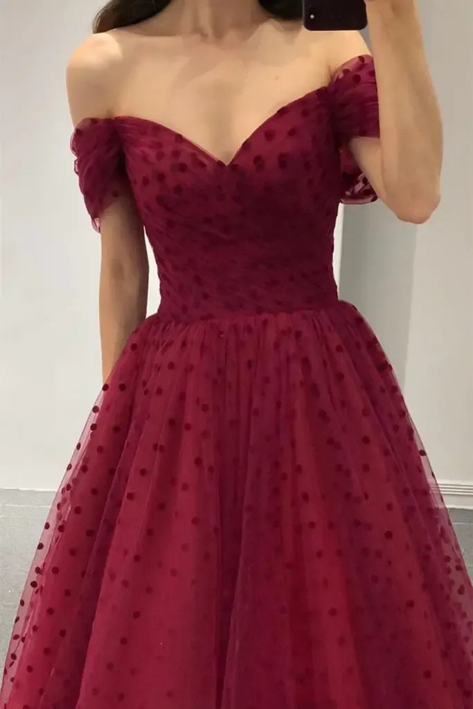 Elegant A-Line Off Shoulder Polka Dot Tulle Midi Prom Dress