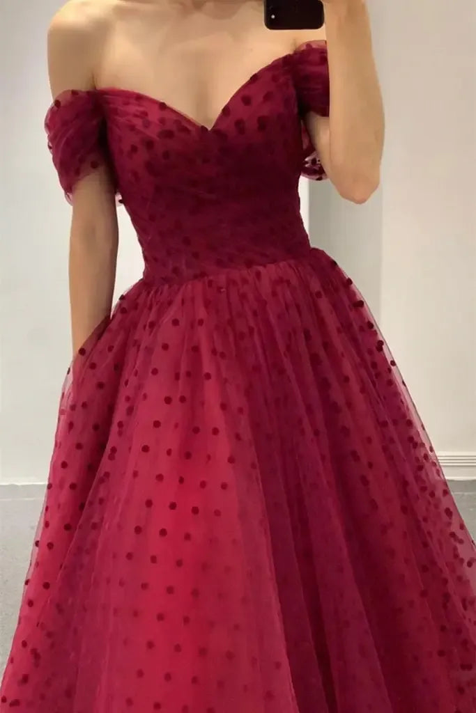Elegant A-Line Off Shoulder Polka Dot Tulle Midi Prom Dress
