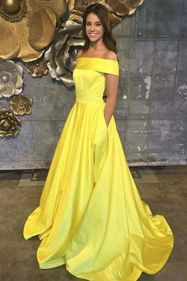 Elegant A-Line Off Shoulder Sleeveless Satin Maxi Prom Dress