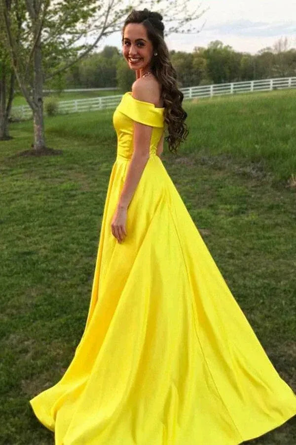 Elegant A-Line Off Shoulder Sleeveless Satin Maxi Prom Dress