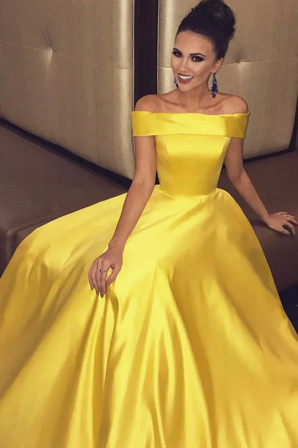 Elegant A-Line Off Shoulder Sleeveless Satin Maxi Prom Dress