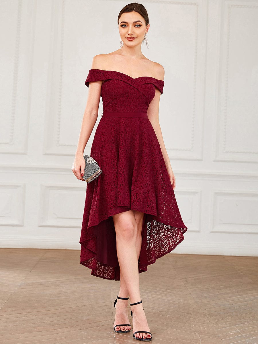 Model wearing an elegant Weitese off-shoulder sweetheart high-low bridesmaid dress, front view.
