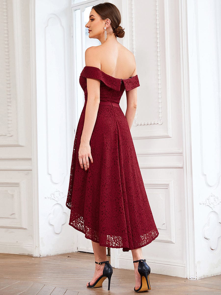 Model wearing an elegant Weitese off-shoulder sweetheart high-low bridesmaid dress, side profile.