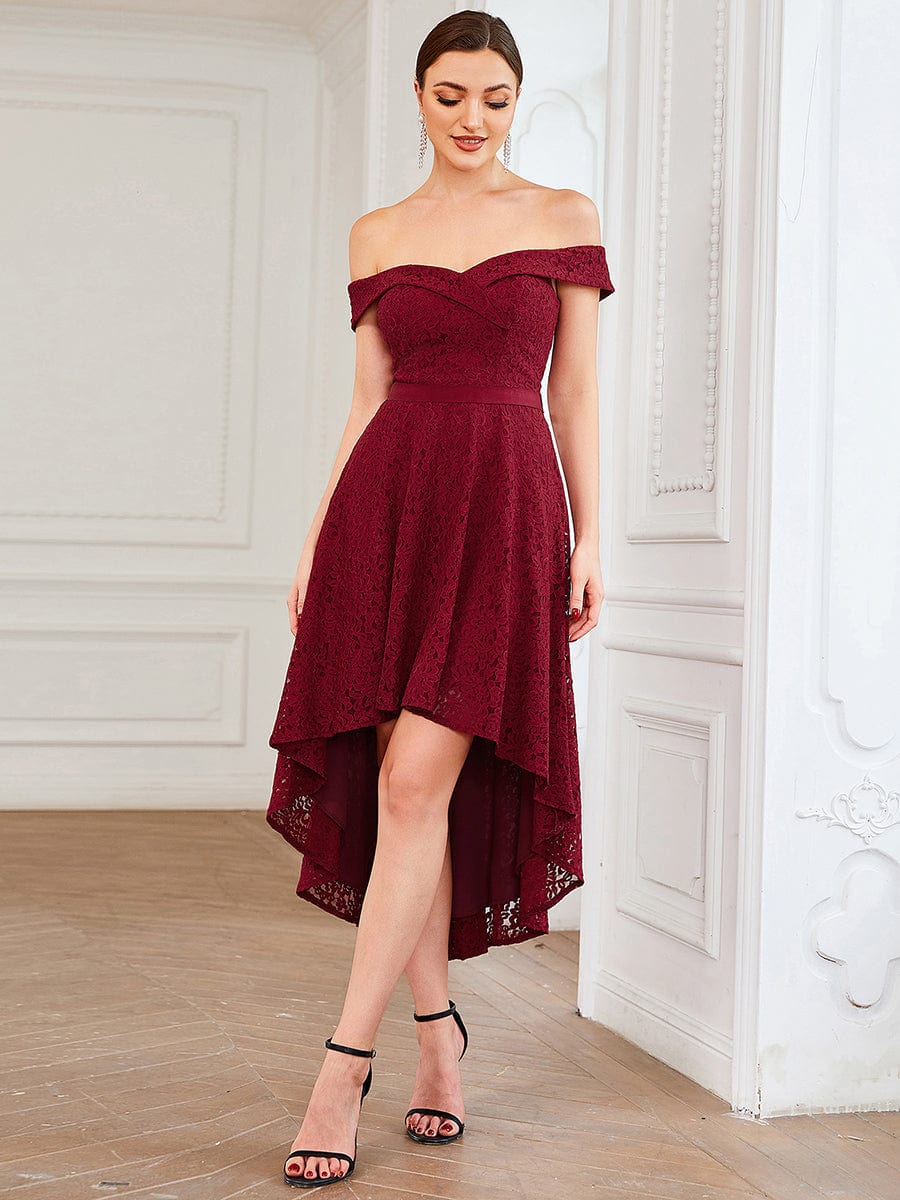 Model wearing an elegant Weitese off-shoulder sweetheart high-low bridesmaid dress, back view.