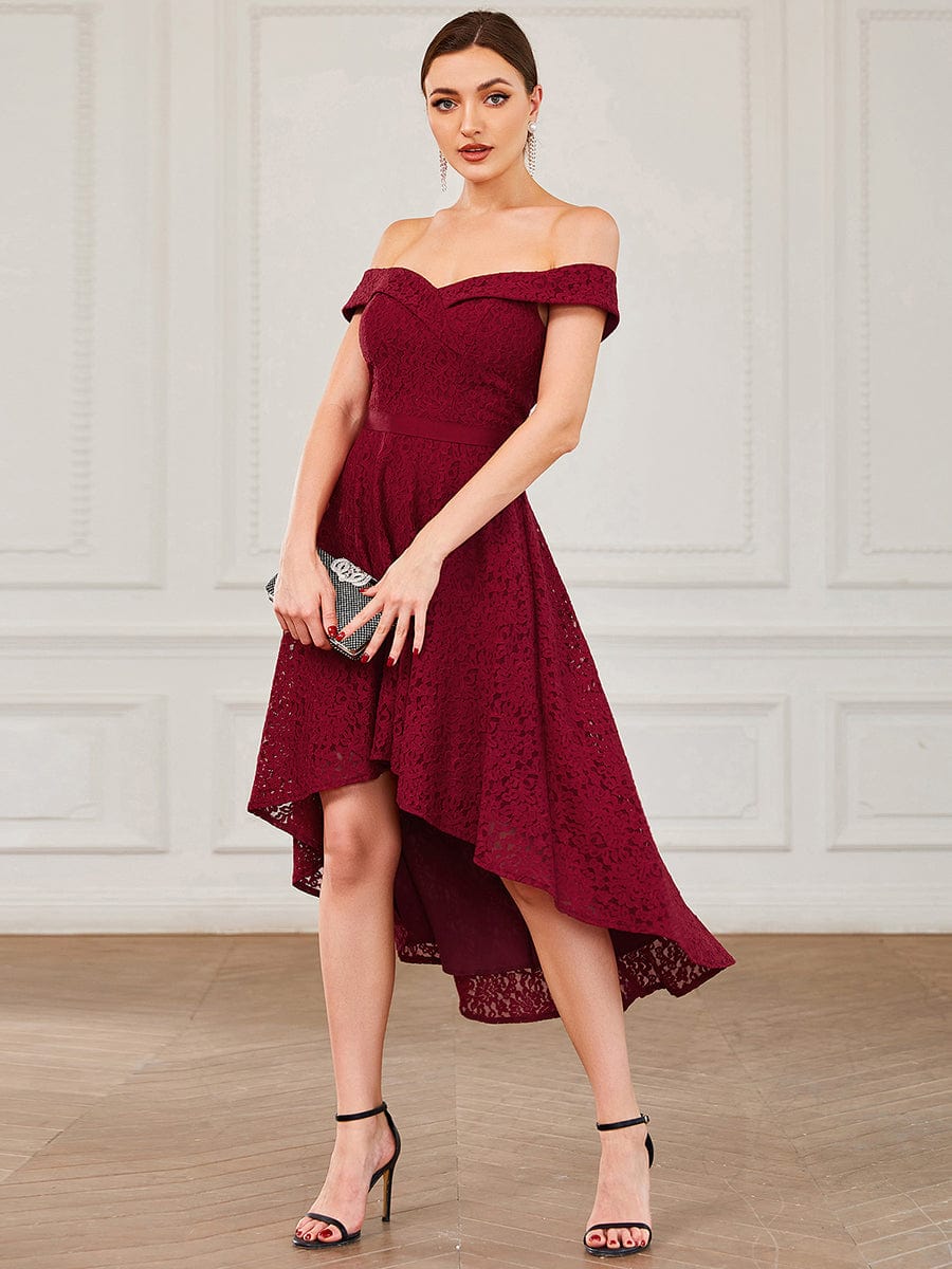 Model showcasing the elegant Weitese off-shoulder sweetheart high-low bridesmaid dress.