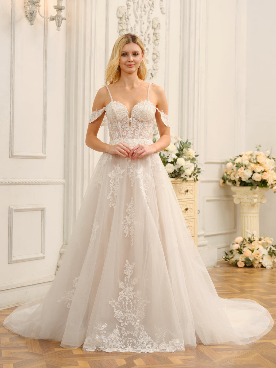 Weitese off-the-shoulder tulle wedding dress with appliques, front view on model.