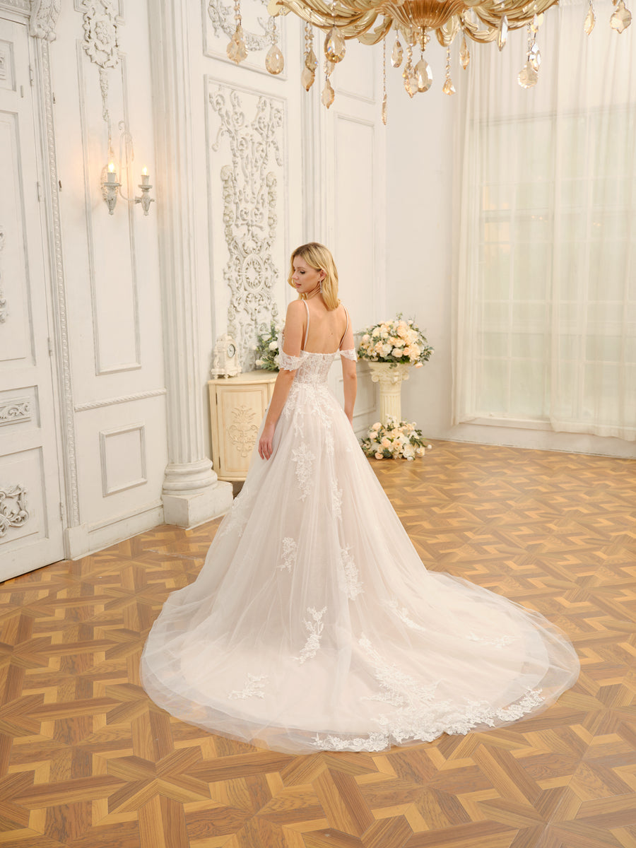 Back view of the Weitese off-the-shoulder wedding dress, showing train.