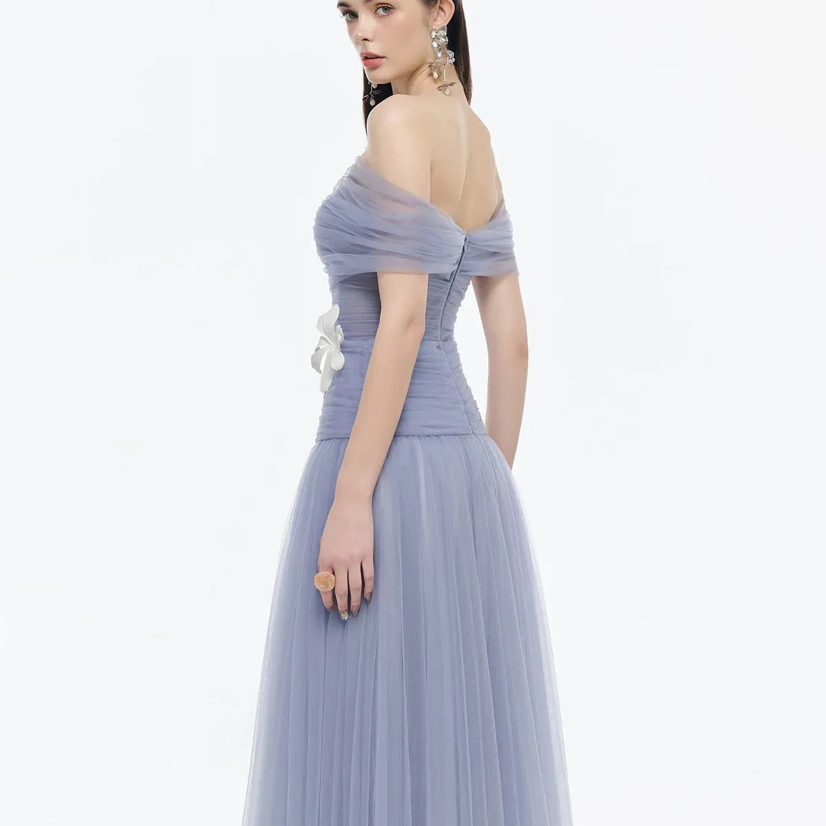 Elegant A-Line Off-The-Shoulder Short Sleeve 3D-Flower Tulle Evening Dress