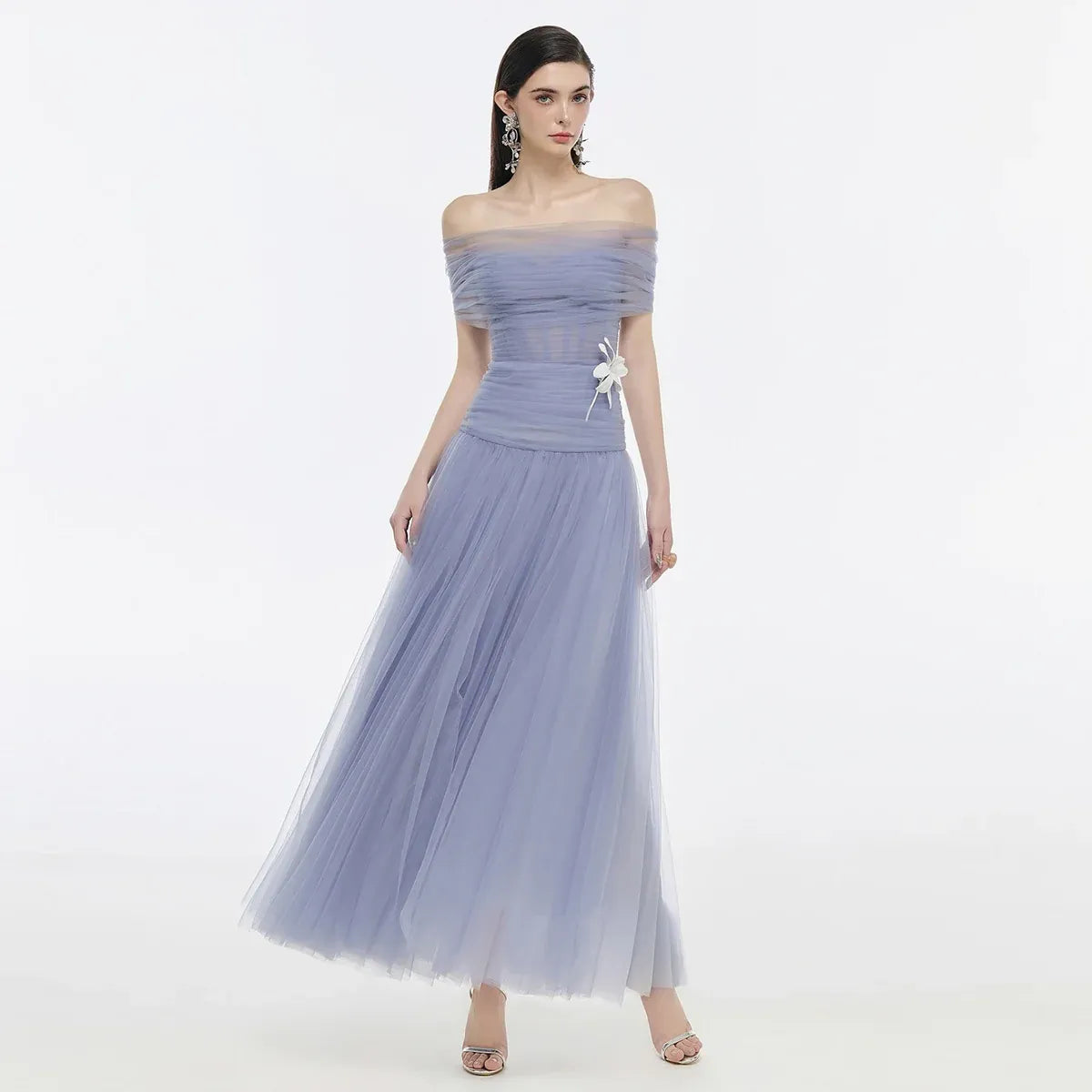 Elegant A-Line Off-The-Shoulder Short Sleeve 3D-Flower Tulle Evening Dress