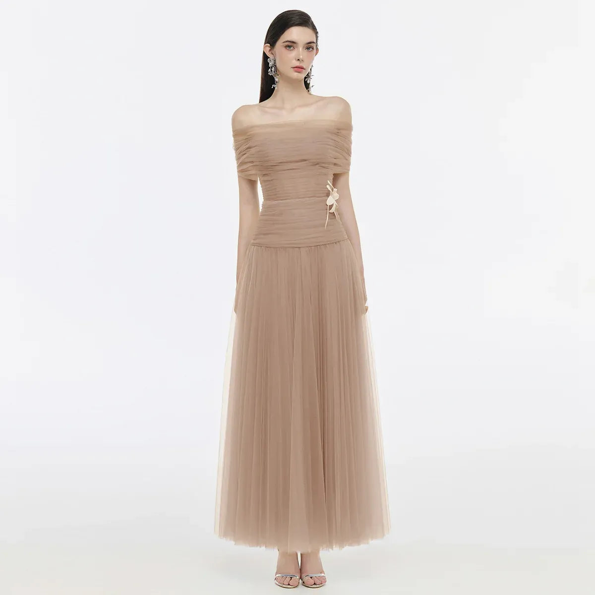 Elegant A-Line Off-The-Shoulder Short Sleeve 3D-Flower Tulle Evening Dress