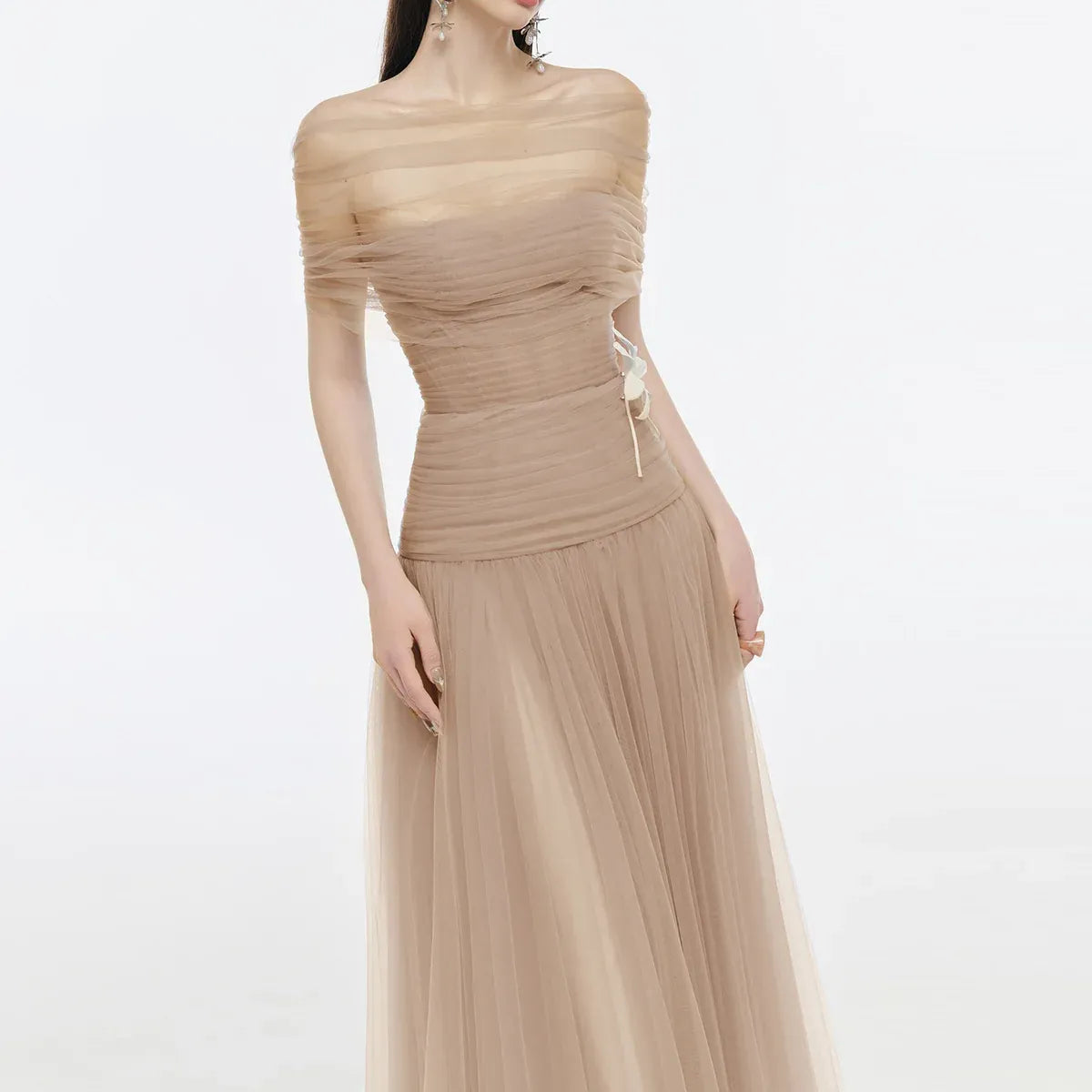 Elegant A-Line Off-The-Shoulder Short Sleeve 3D-Flower Tulle Evening Dress