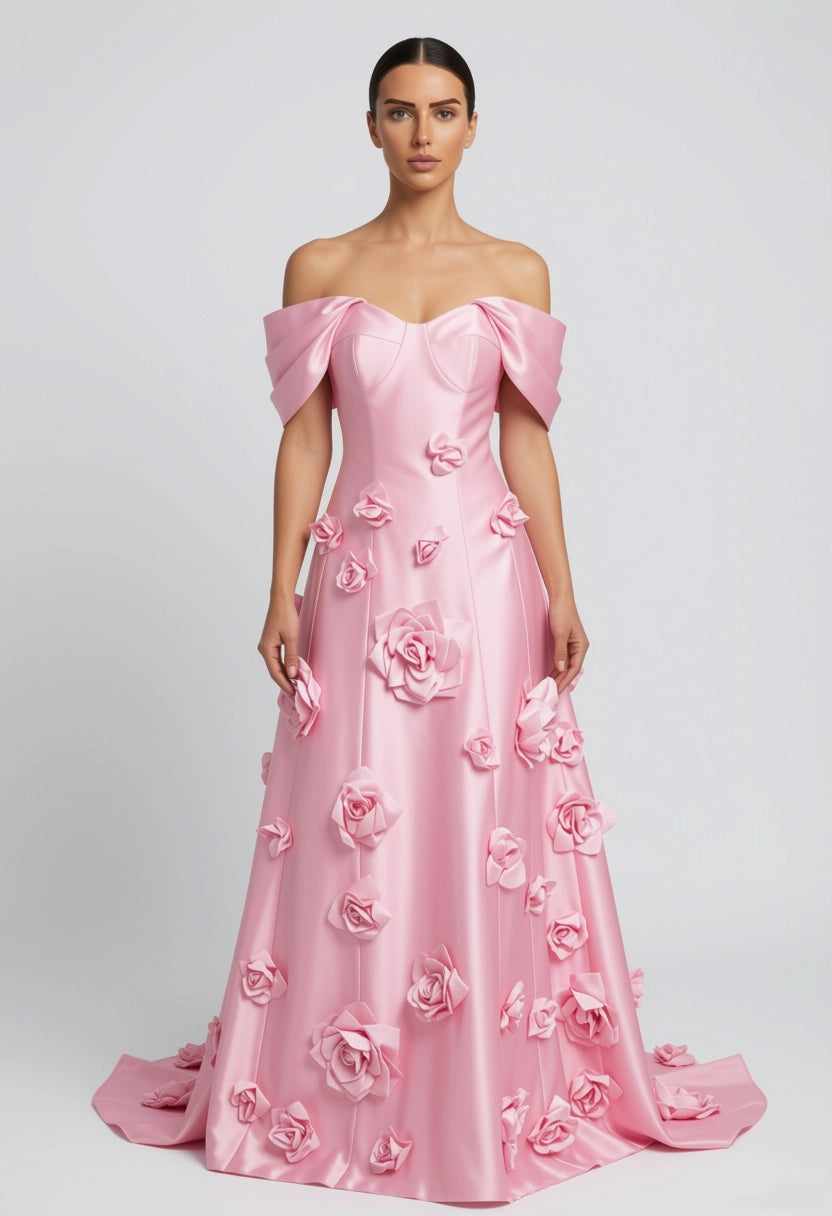 Elegant A-Line Off-The-Shoulder Sleeveless 3D-Flower Maxi Evening Dress With Train