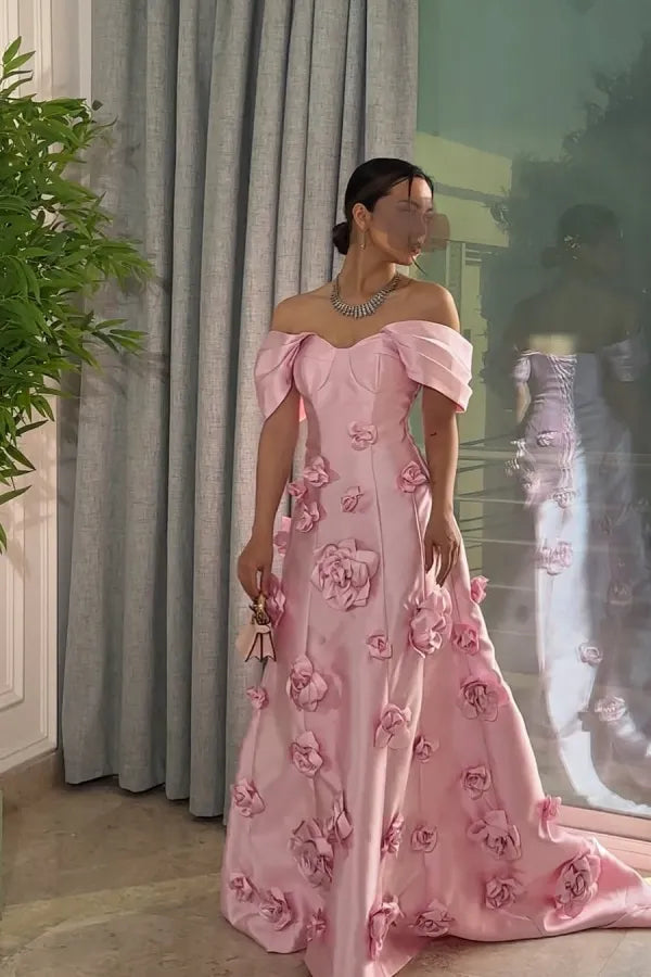 Elegant A-Line Off-The-Shoulder Sleeveless 3D-Flower Maxi Evening Dress With Train