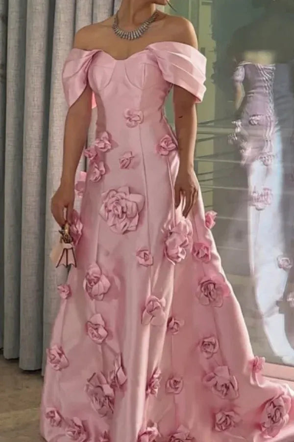 Elegant A-Line Off-The-Shoulder Sleeveless 3D-Flower Maxi Evening Dress With Train