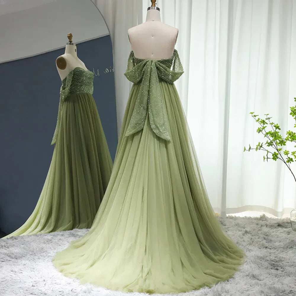 Elegant A-Line Off-The-Shoulder Sleeveless Backless 3D-Bow Beaded Tulle Evening Dress With Train