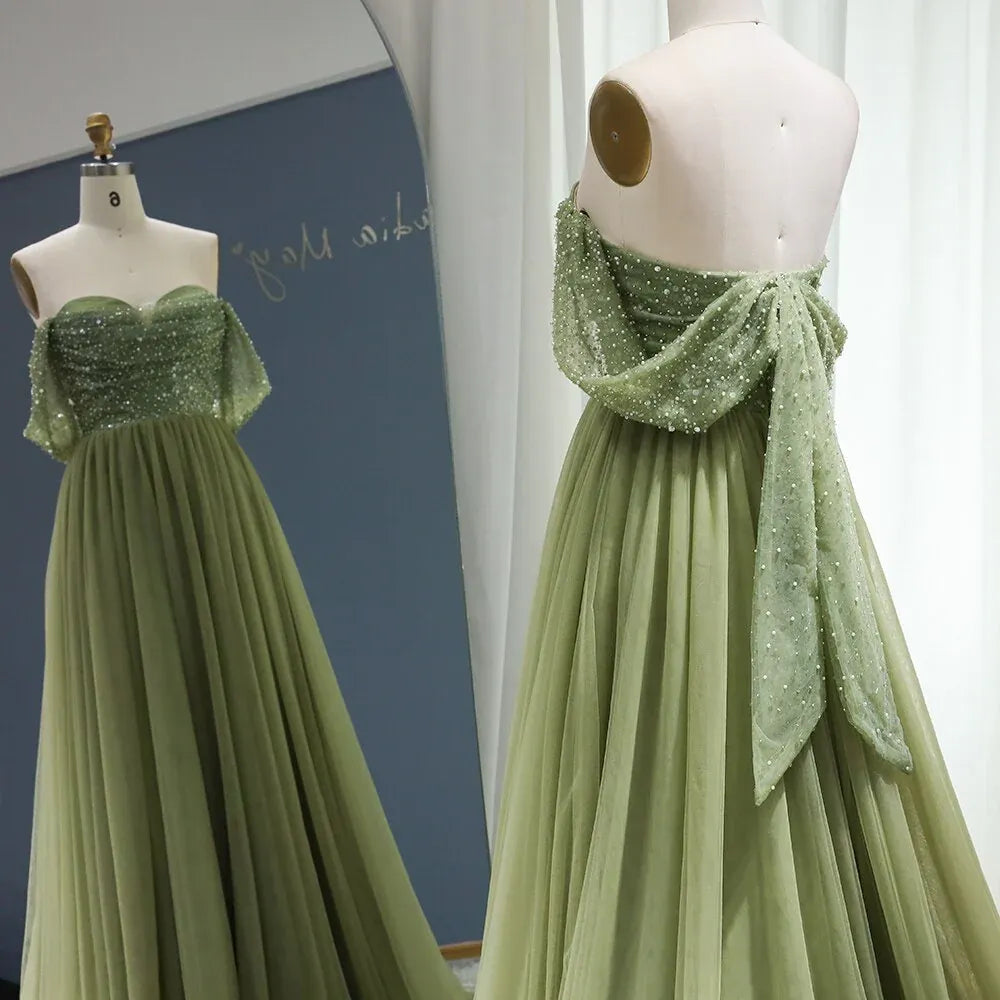 Elegant A-Line Off-The-Shoulder Sleeveless Backless 3D-Bow Beaded Tulle Evening Dress With Train