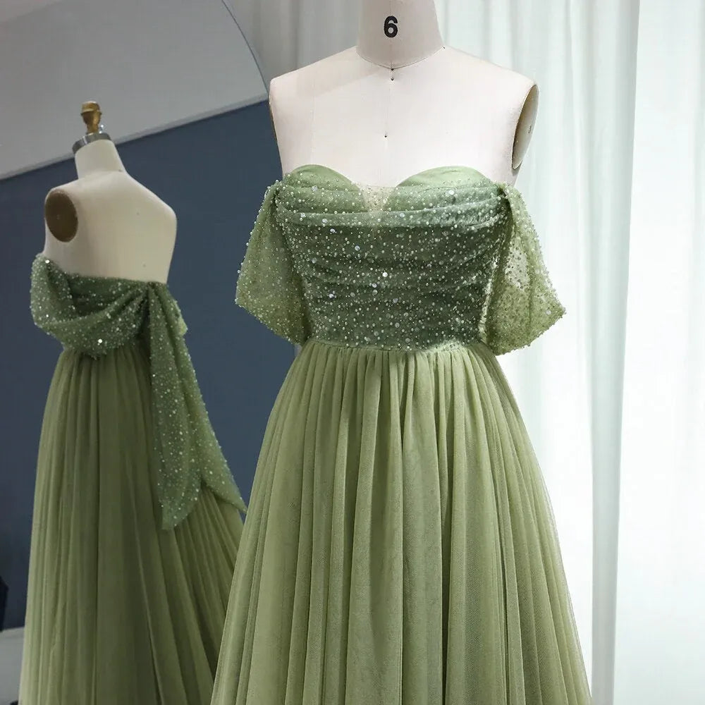 Elegant A-Line Off-The-Shoulder Sleeveless Backless 3D-Bow Beaded Tulle Evening Dress With Train