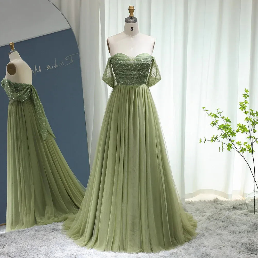 Elegant A-Line Off-The-Shoulder Sleeveless Backless 3D-Bow Beaded Tulle Evening Dress With Train