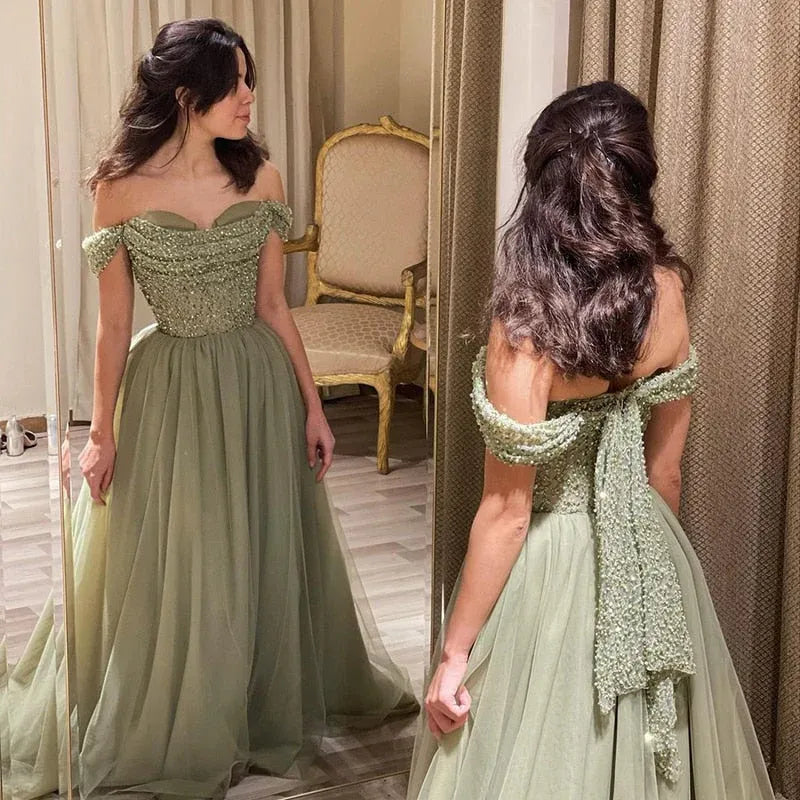 Elegant A-Line Off-The-Shoulder Sleeveless Backless 3D-Bow Beaded Tulle Evening Dress With Train
