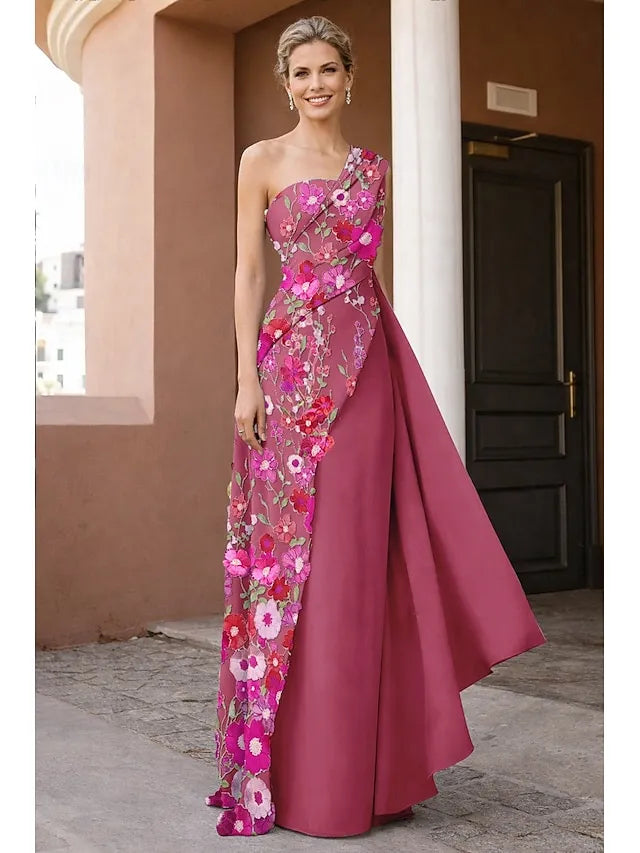 Elegant A-Line One Shoulder 3D Floral Maxi Dress