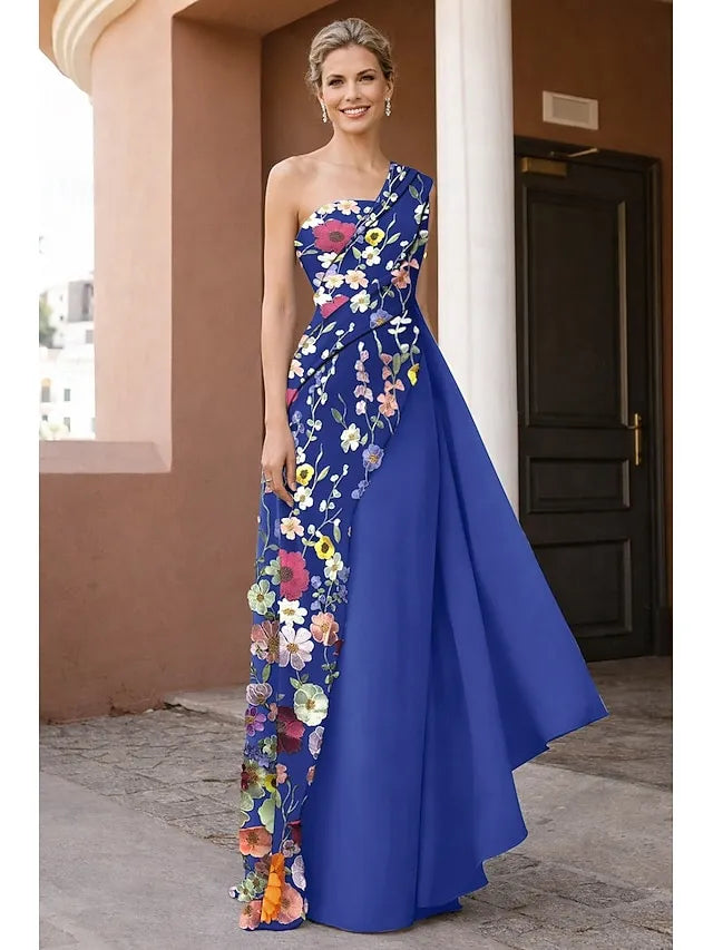 Elegant A-Line One Shoulder 3D Floral Maxi Dress