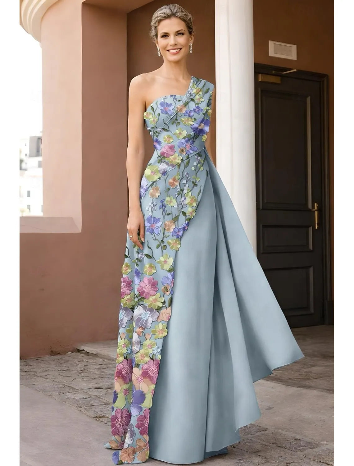 Elegant A-Line One Shoulder 3D Floral Maxi Dress