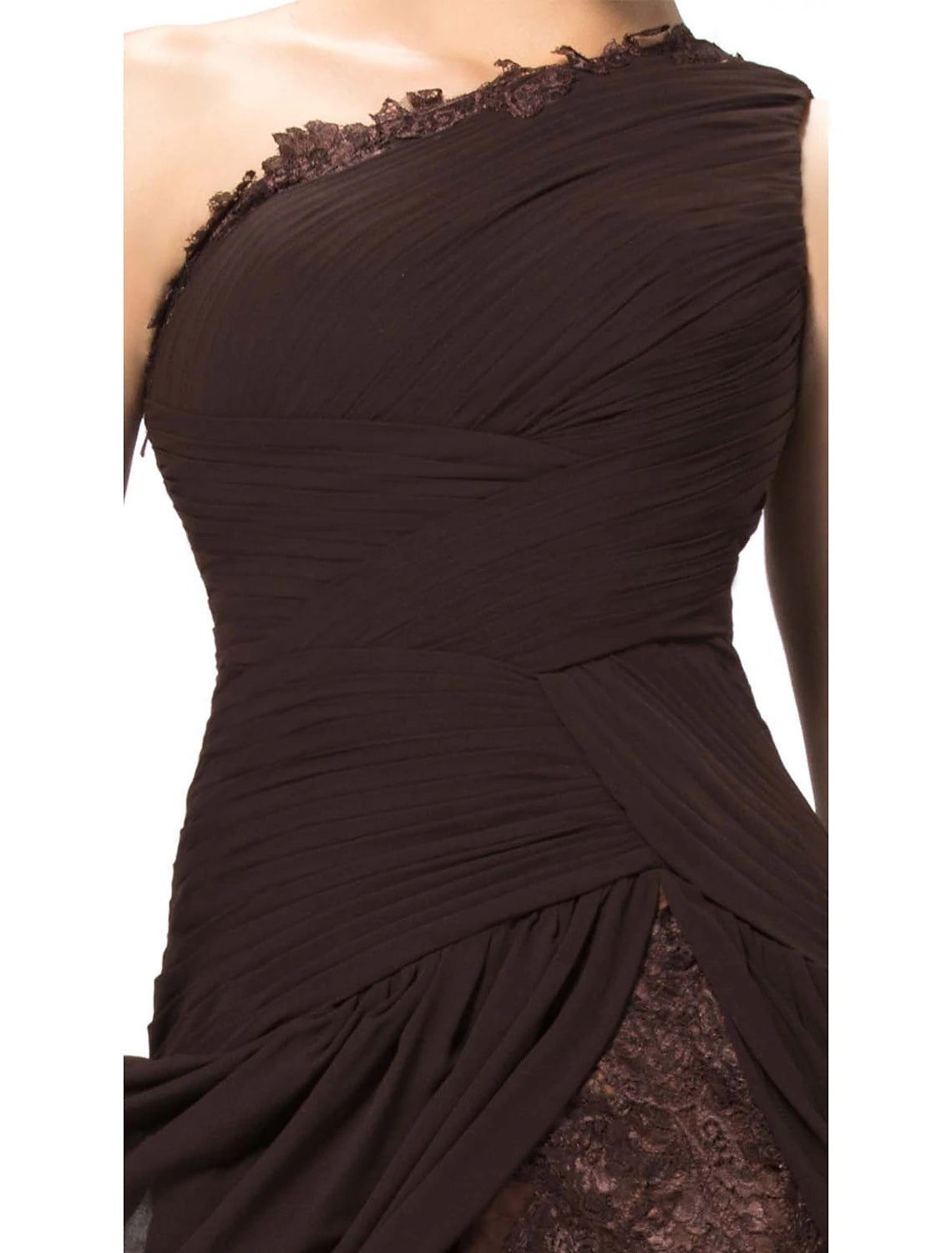 Side view of the model in the black one-shoulder A-line formal evening gown.