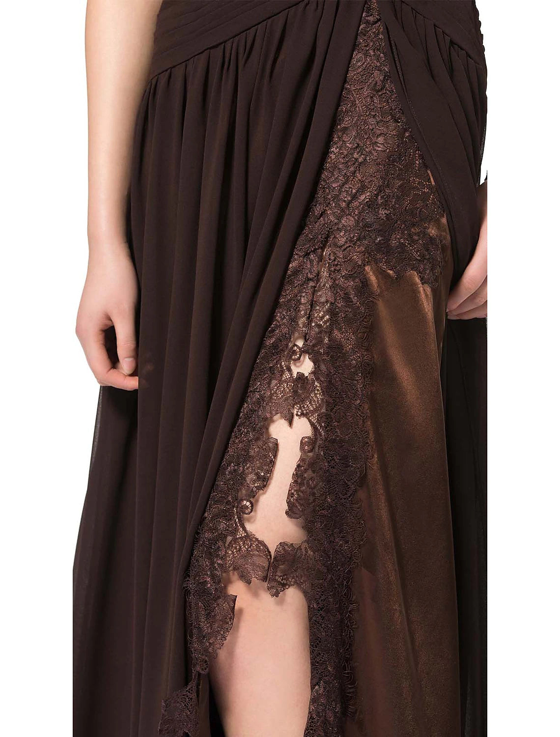 Model posing in the black one-shoulder A-line formal evening gown, highlighting the slit.
