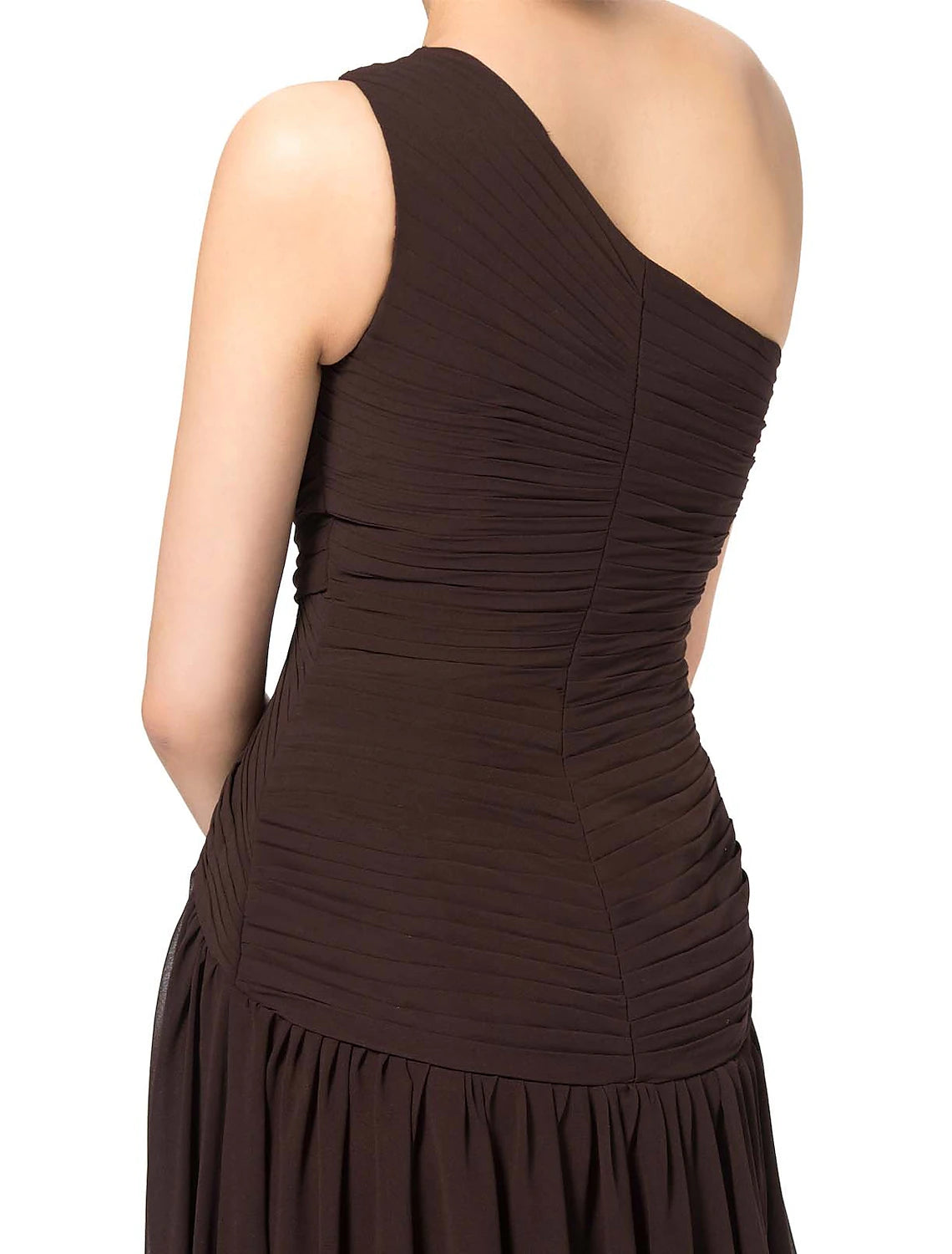 Full length view of the black one-shoulder A-line formal evening gown on a model.