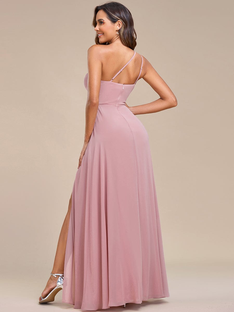 Side view of the red A-line one-shoulder bridesmaid dress, highlighting the high slit.