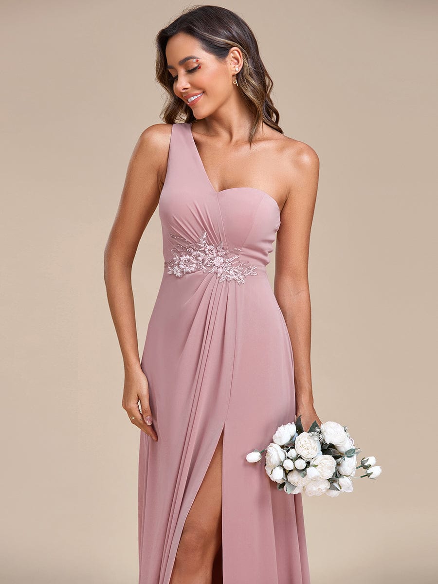 Back view of the elegant red A-line one-shoulder bridesmaid dress.