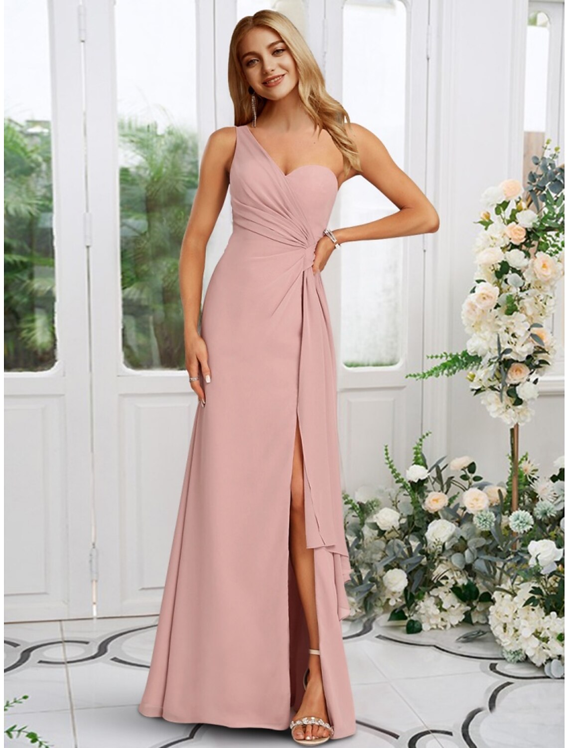 Weitese A-Line one-shoulder chiffon bridesmaid dress with split front and ruching.