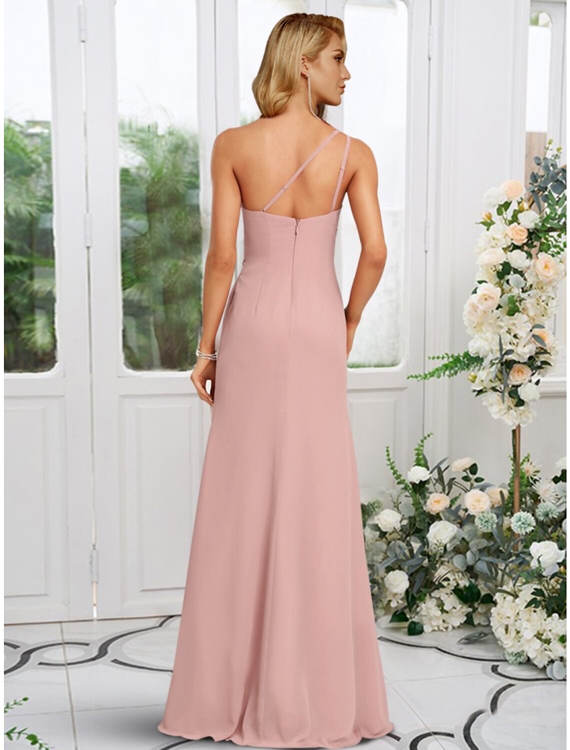 Back view of Weitese A-Line one-shoulder bridesmaid dress.