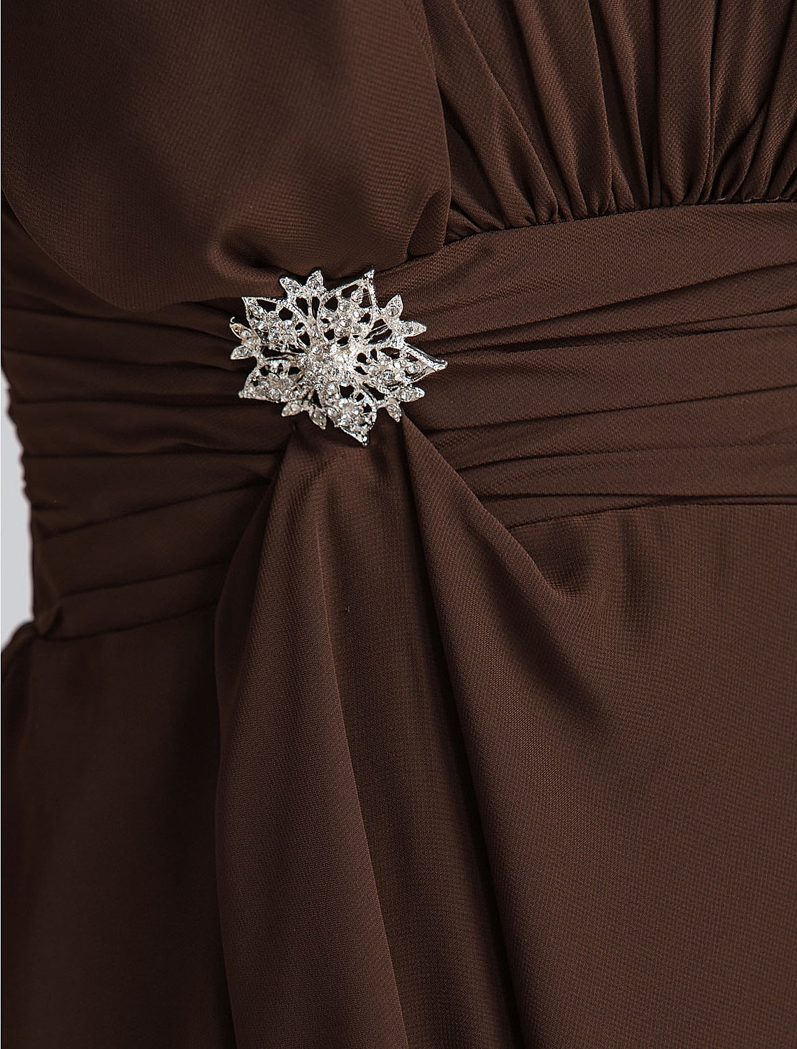 Another full-length view of the model in the Weitese one-shoulder chiffon dress.