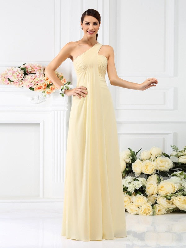 Model wearing an elegant A-line one-shoulder pleated chiffon long bridesmaid dress.