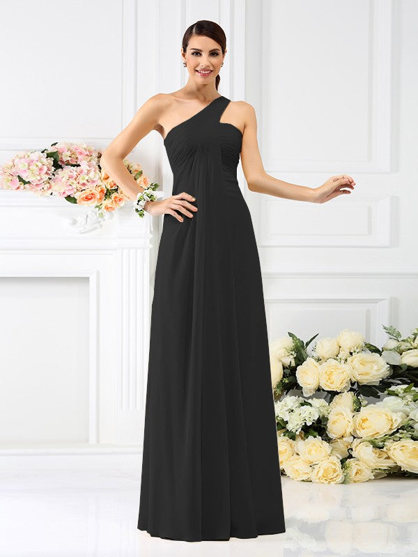 Back view of a model showcasing an A-line one-shoulder pleated chiffon long bridesmaid dress.