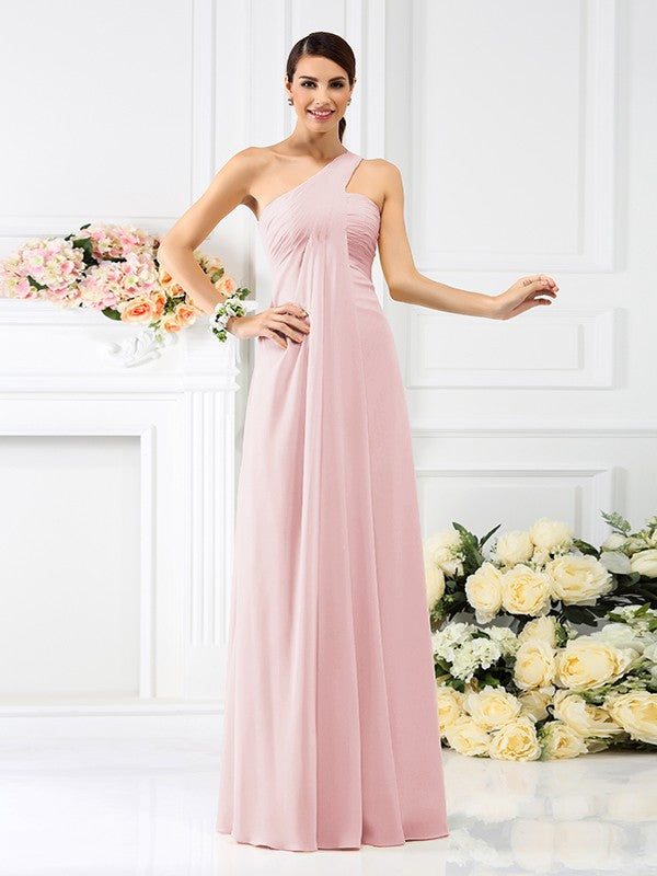 Close-up of the pleated bodice and one-shoulder detail on the chiffon bridesmaid dress.