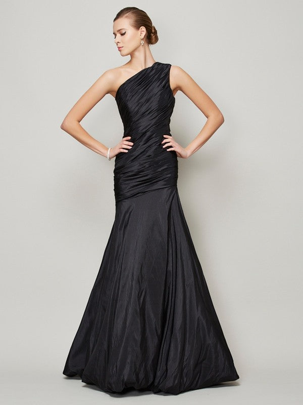 Weitese A-Line one-shoulder pleated long taffeta bridesmaid dress on a model.