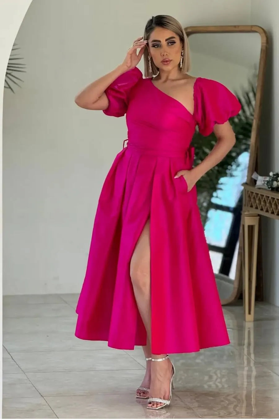 Elegant A-Line One-Shoulder Puff Sleeve Bow Belt Satin Midi Dress With Slit & Pockets