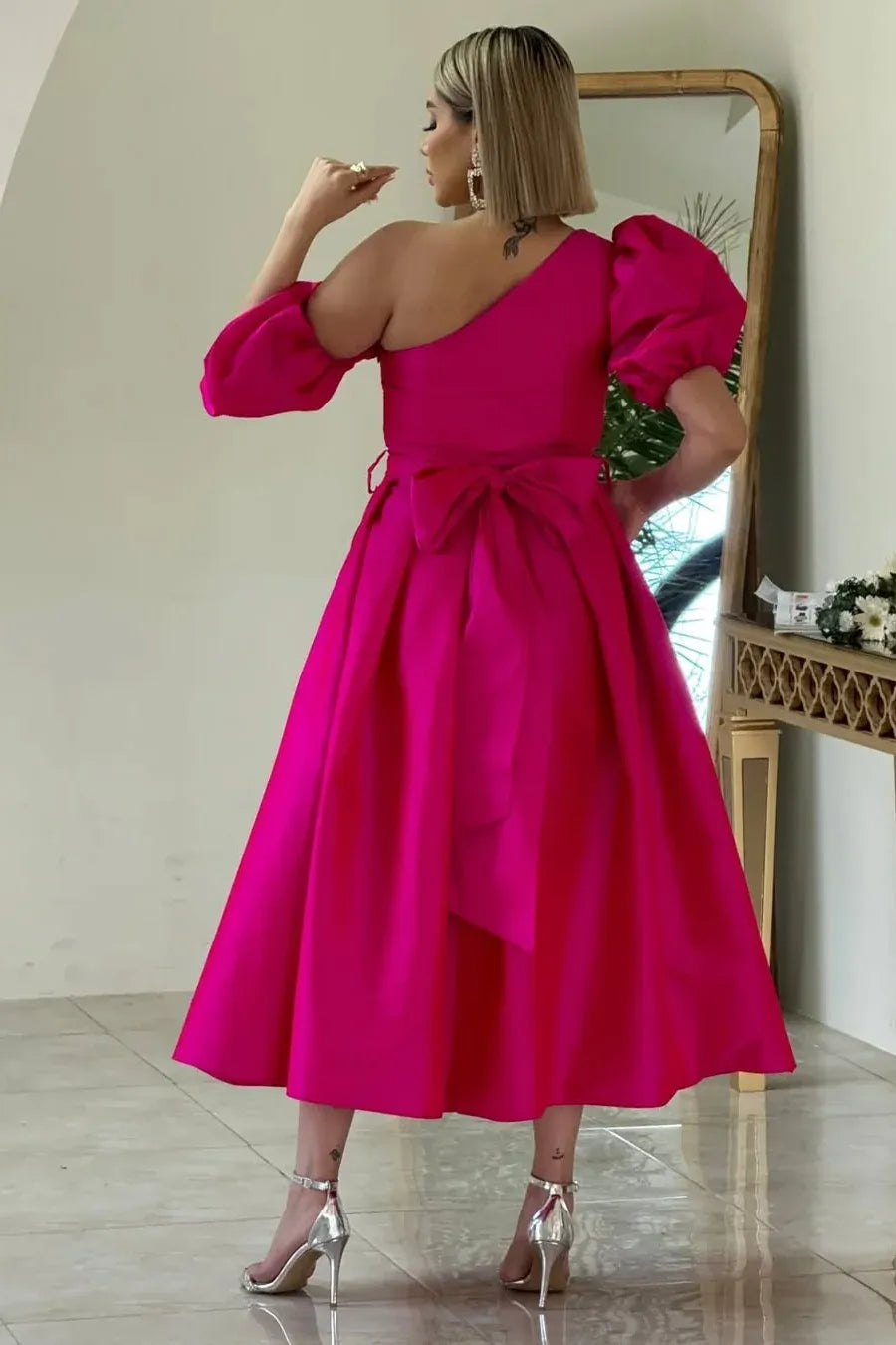 Elegant A-Line One-Shoulder Puff Sleeve Bow Belt Satin Midi Dress With Slit & Pockets